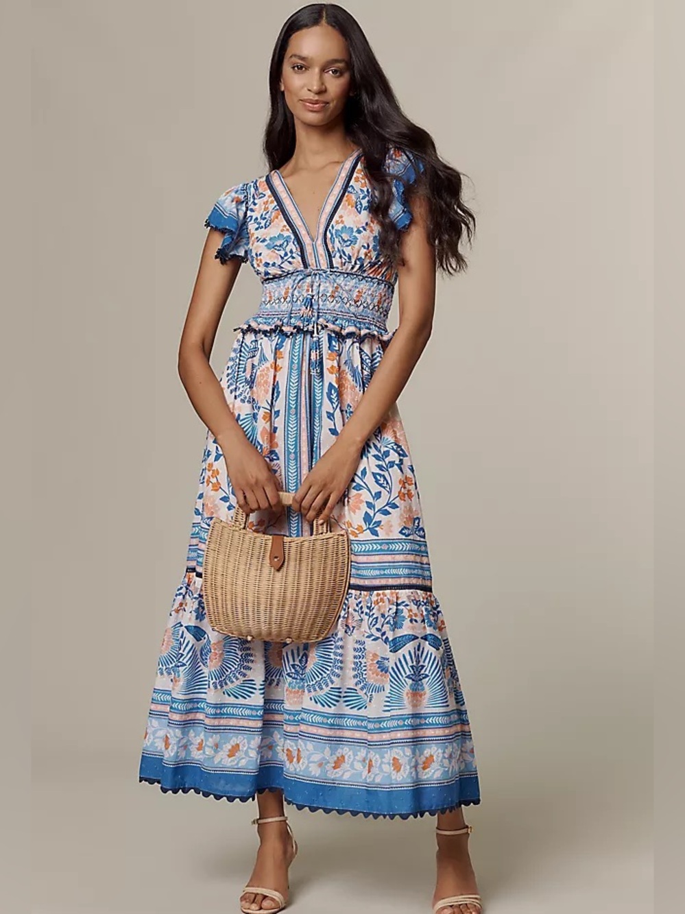 Farm Rio x Anthropologie Ruffle-Sleeve Smocked Maxi Dress